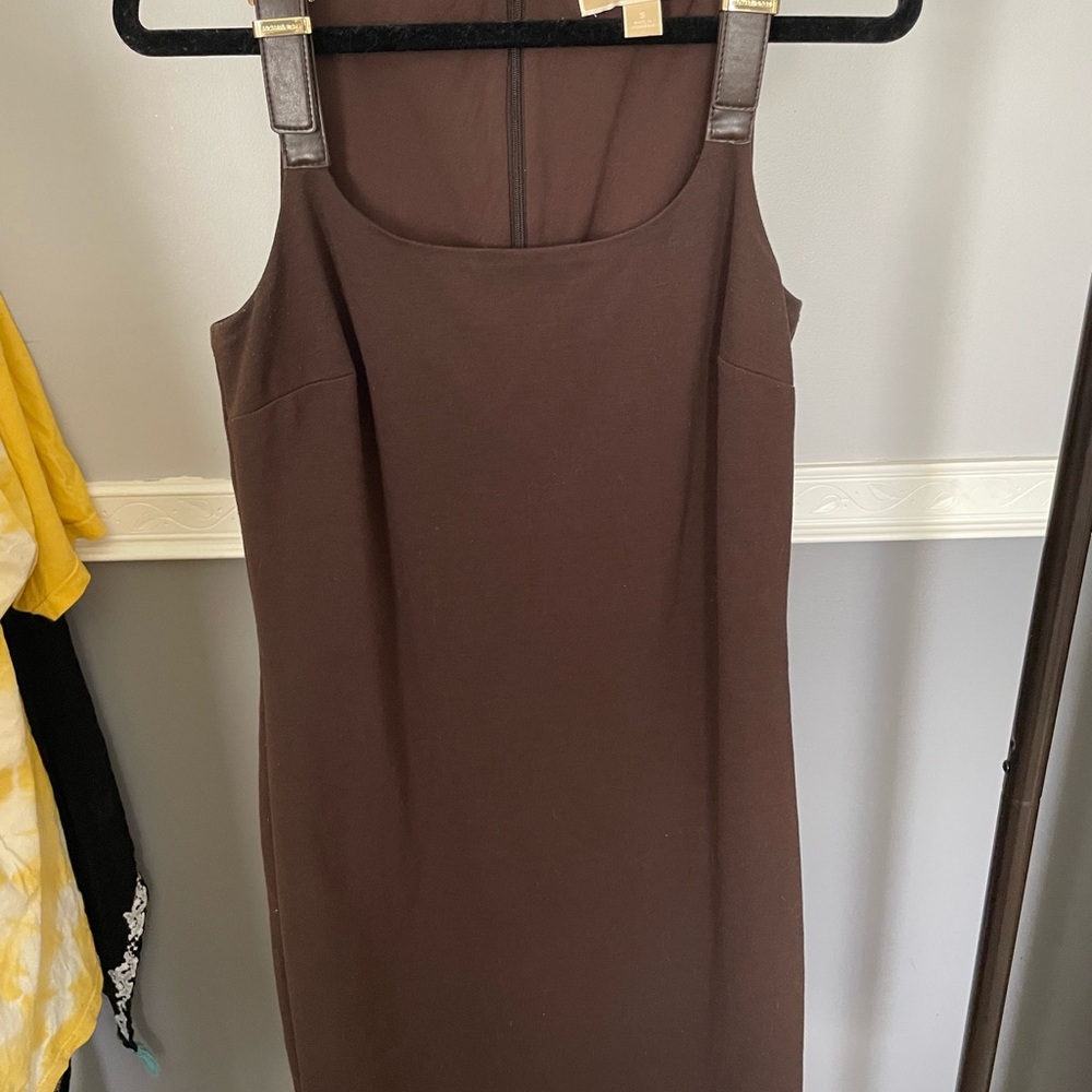Michael Kors Brown Square Neck Sheath Midi Dress